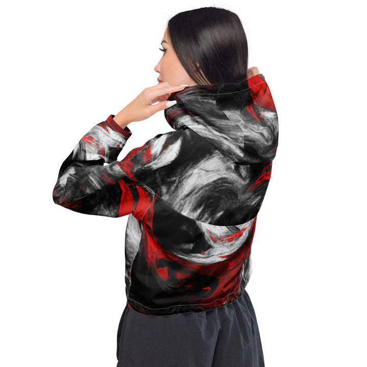 Womens Cropped Windbreaker Jacket Decorative Black Red White