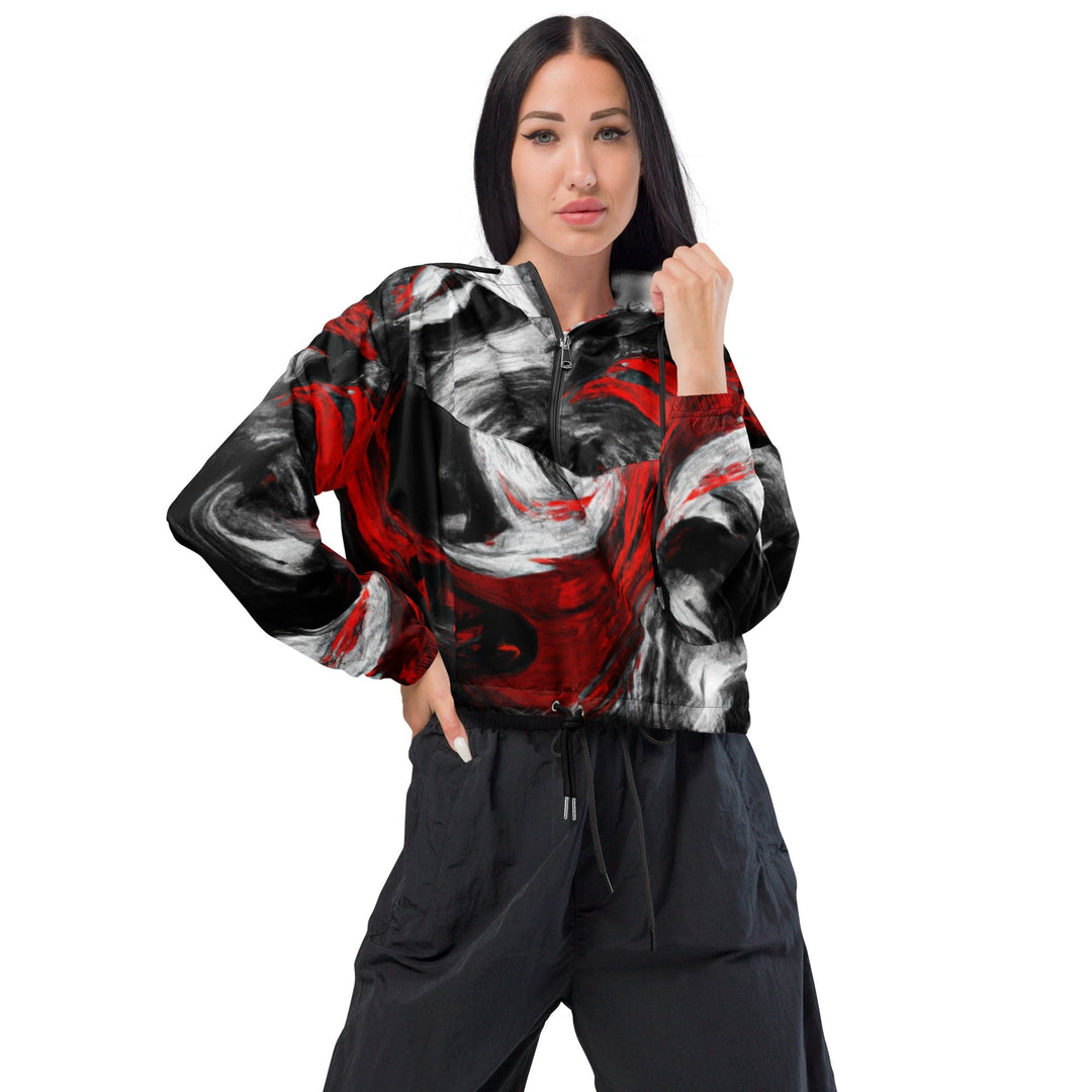 Womens Cropped Windbreaker Jacket Decorative Black Red White