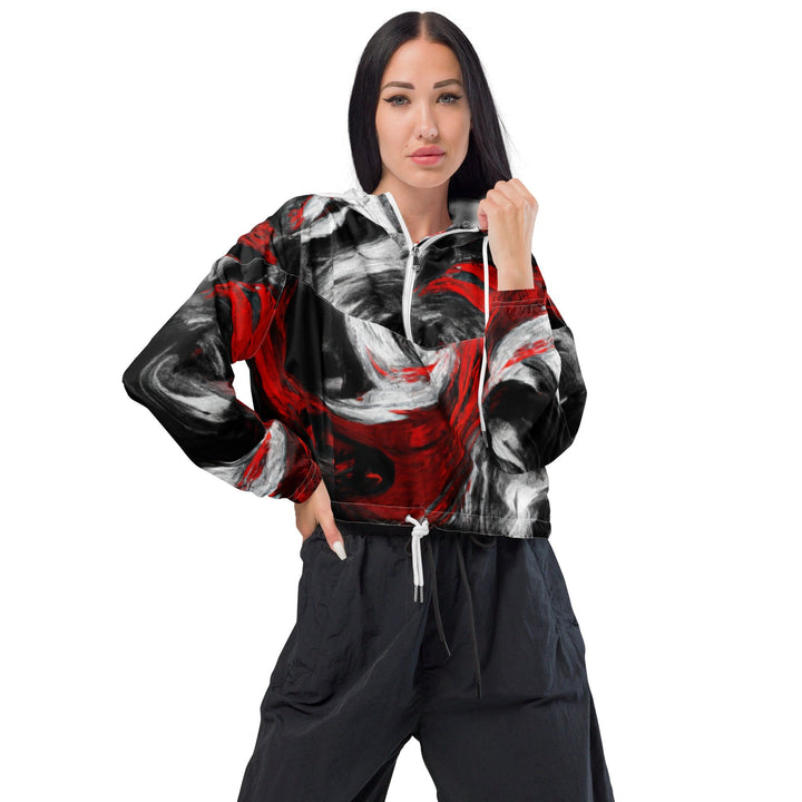 Womens Cropped Windbreaker Jacket Decorative Black Red White