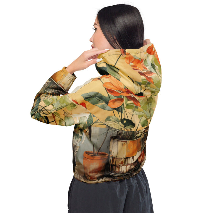 Womens Cropped Windbreaker Jacket - Earthy Rustic Potted Plants Print