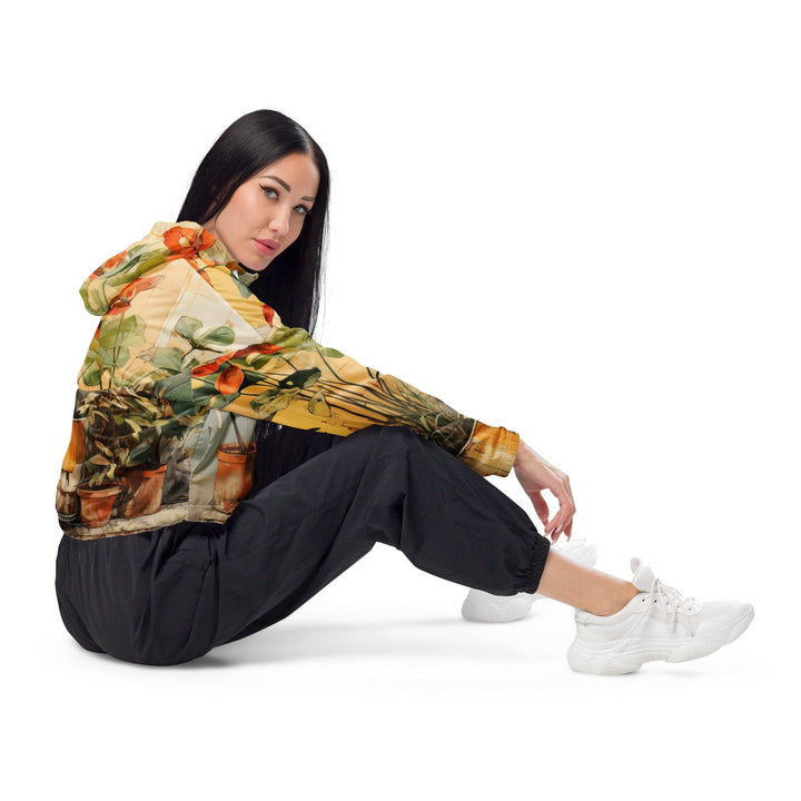 Womens Cropped Windbreaker Jacket - Earthy Rustic Potted Plants Print