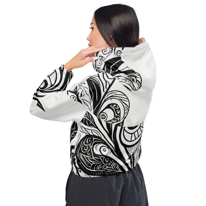 Womens Cropped Windbreaker Jacket Floral Black Line Art Print 54615