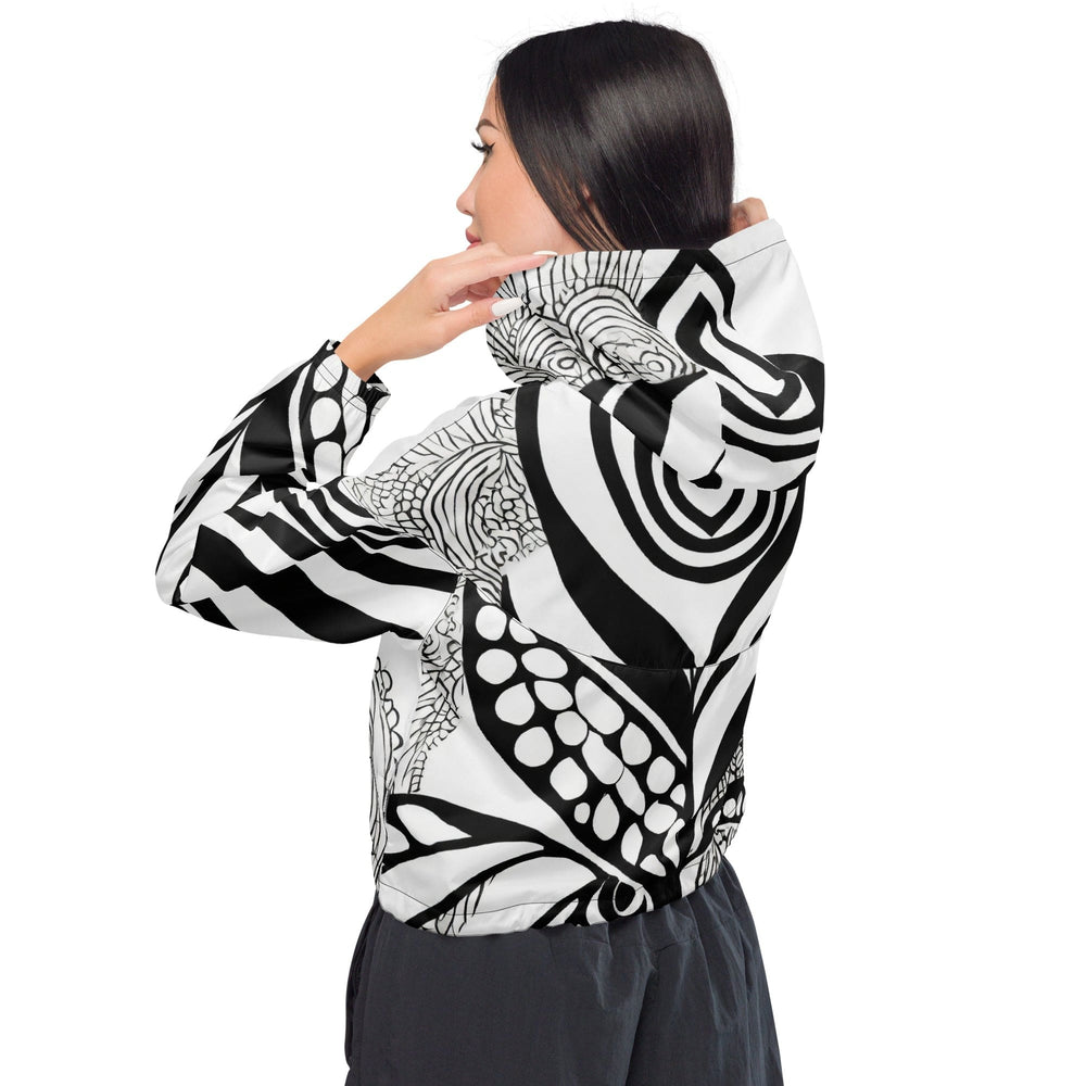 Womens Cropped Windbreaker Jacket Floral Black Line Art Print 60110