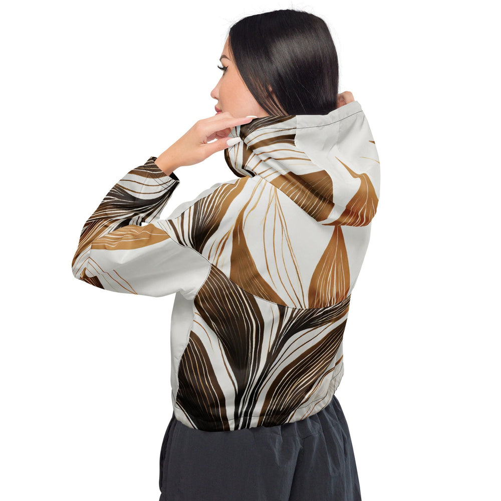 Womens Cropped Windbreaker Jacket Floral Brown Line Art Print 8669