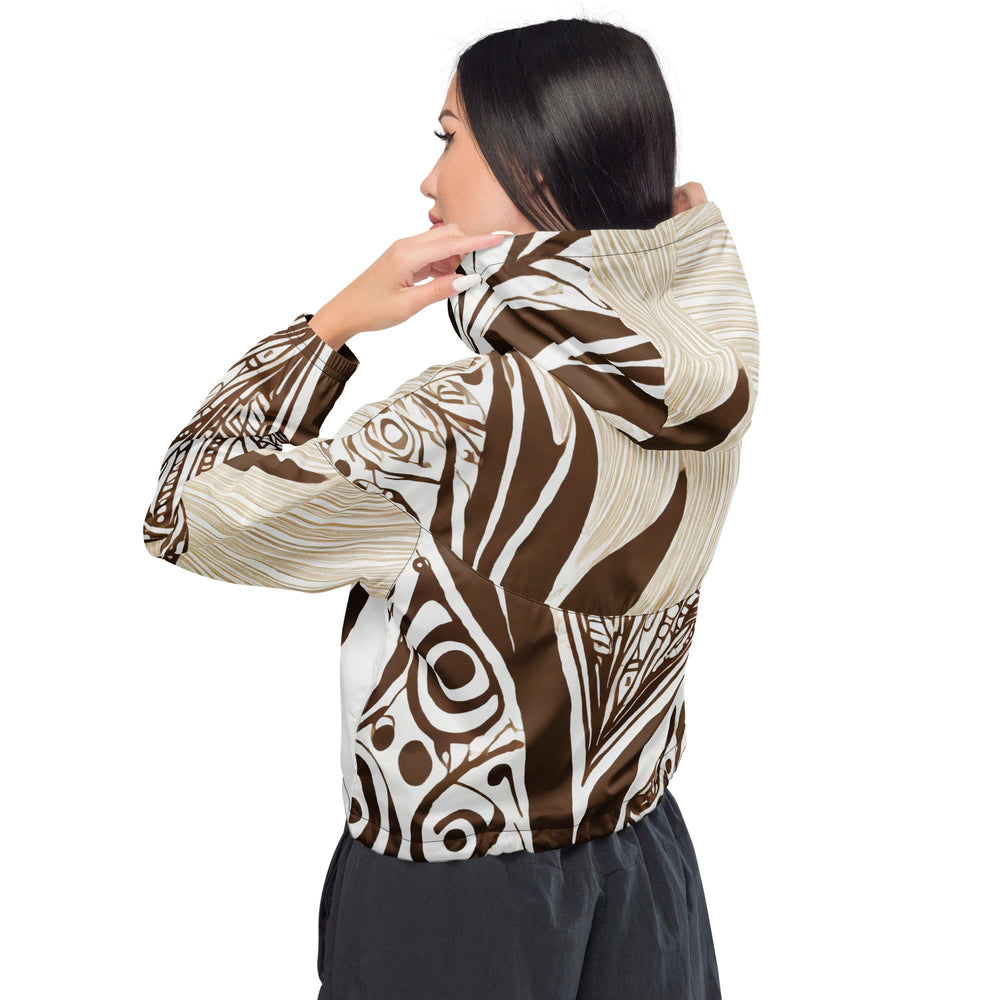 Womens Cropped Windbreaker Jacket Floral Brown Line Art Print 93368
