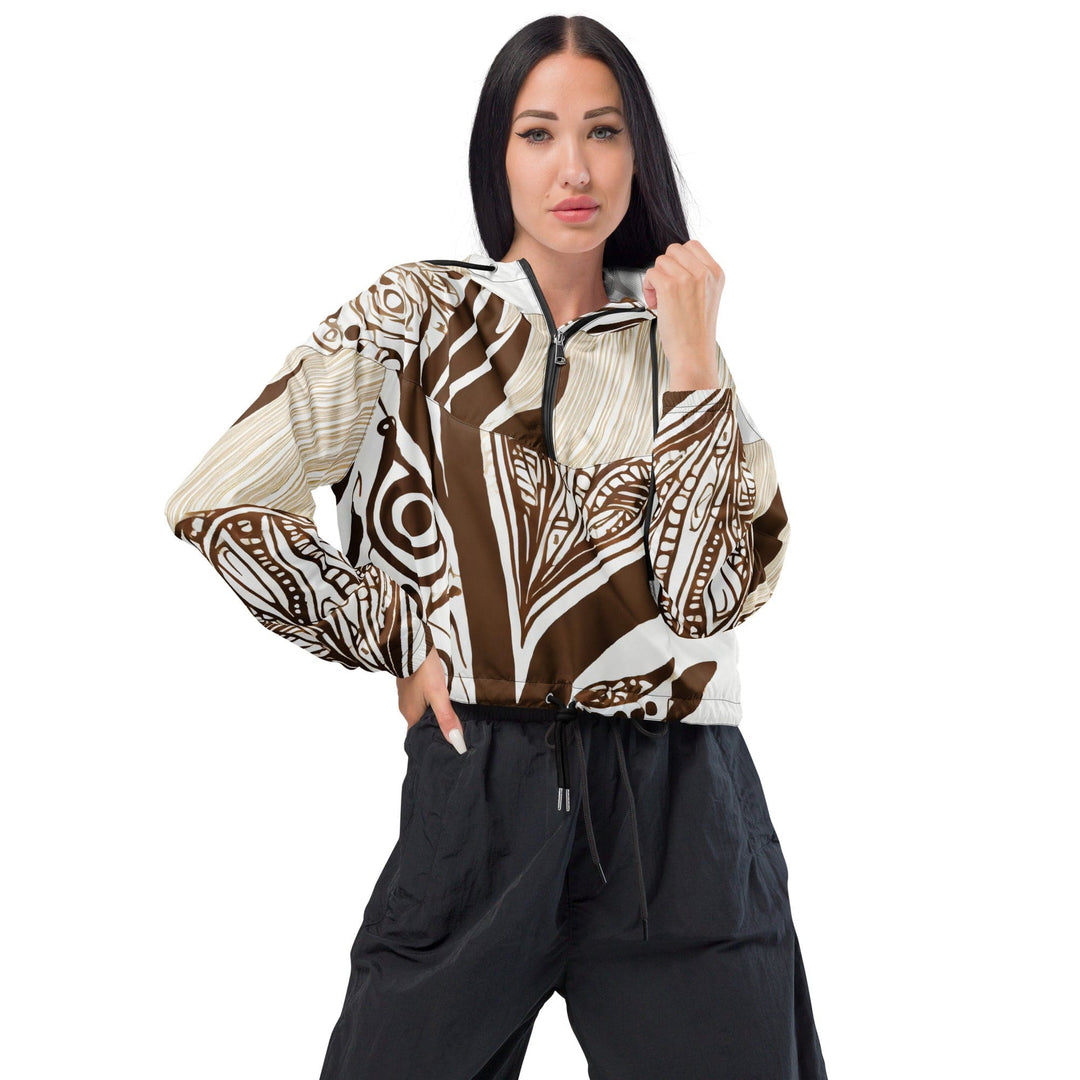 Womens Cropped Windbreaker Jacket Brown Floral Lines