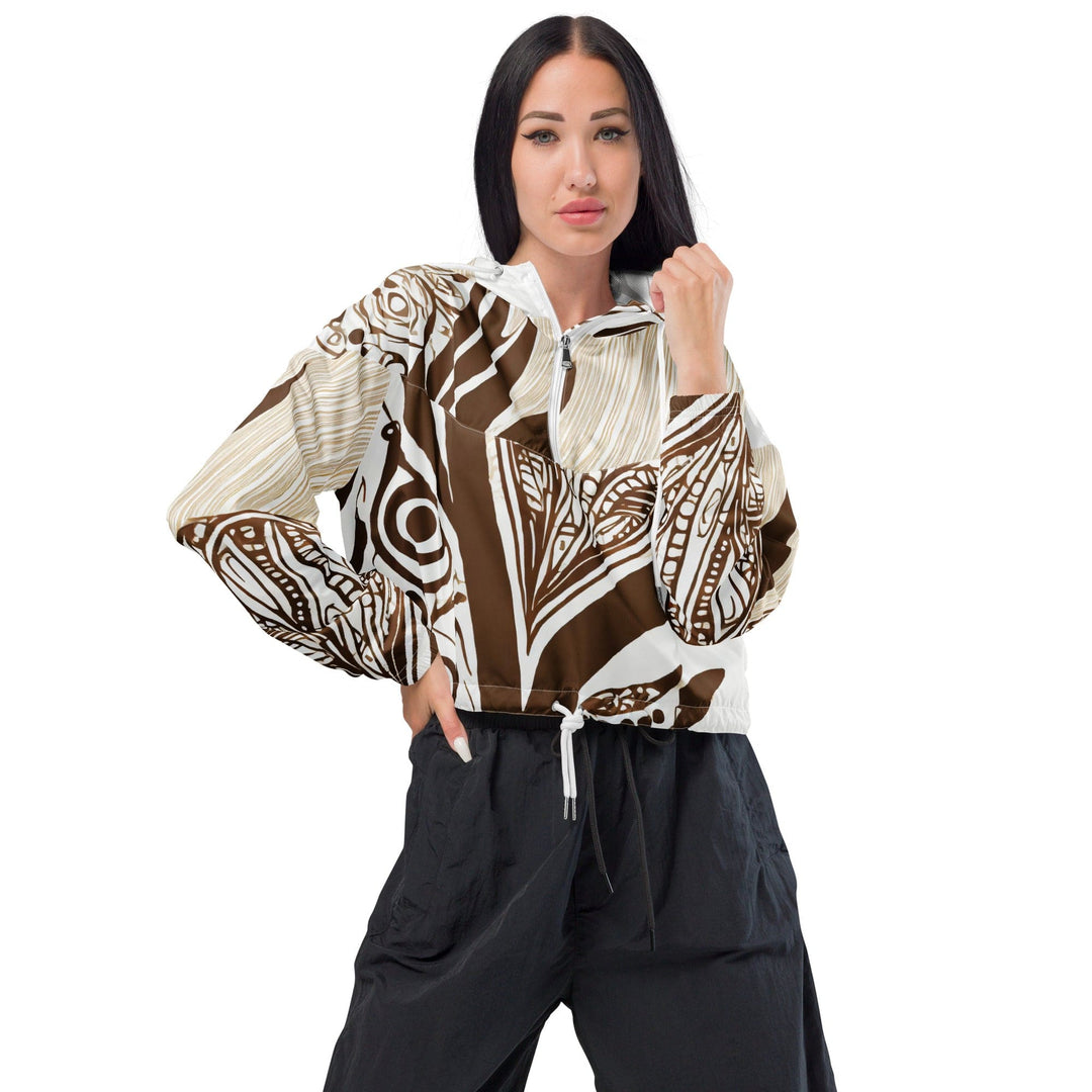 Womens Cropped Windbreaker Jacket Brown Floral Lines