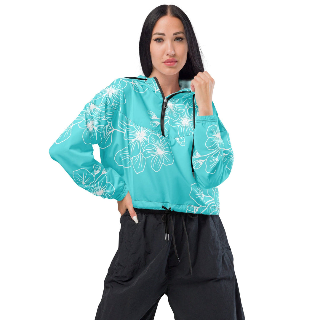 Womens Cropped Windbreaker Jacket Floral Cyan Blue 7022523