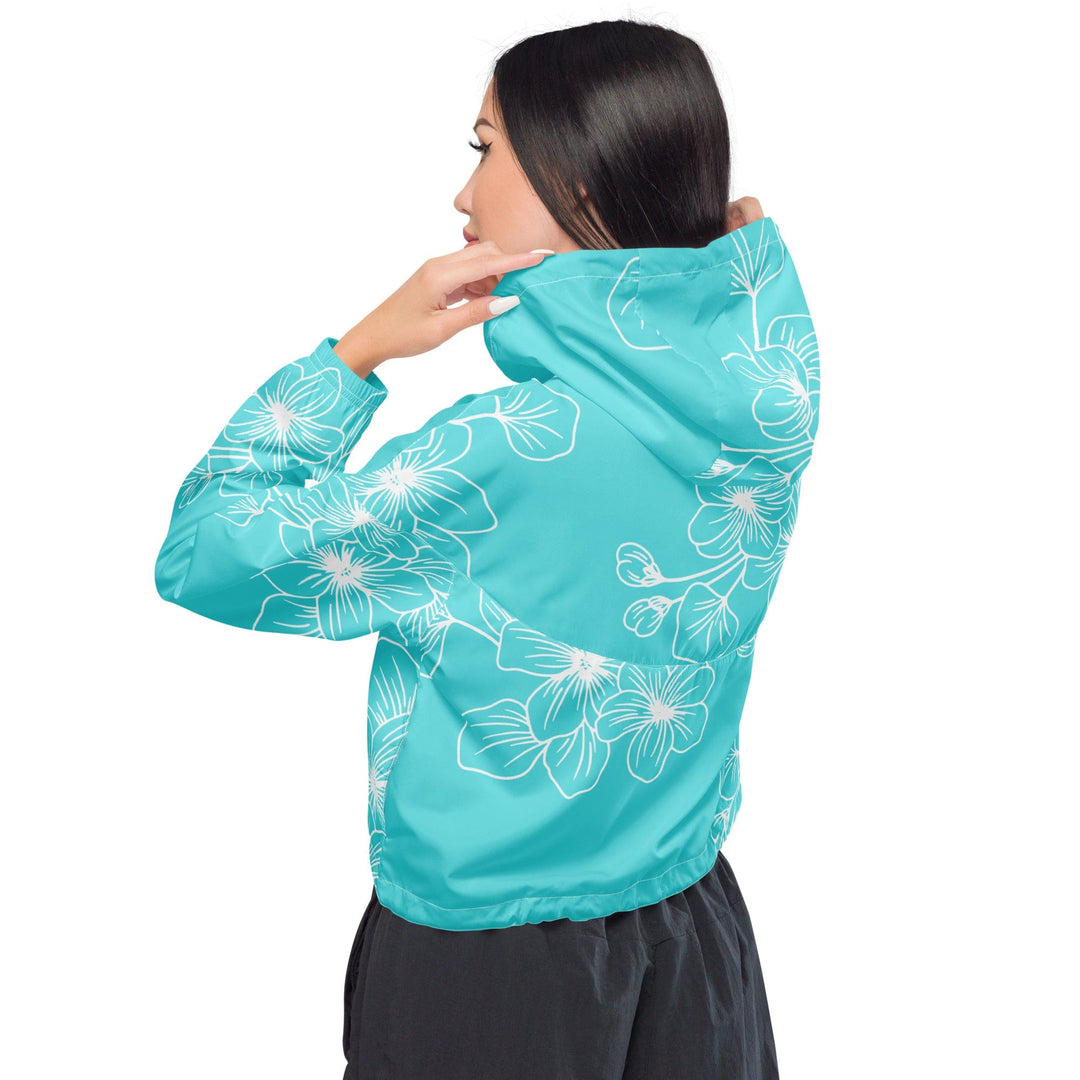 Womens Cropped Windbreaker Jacket Floral Cyan Blue 7022523