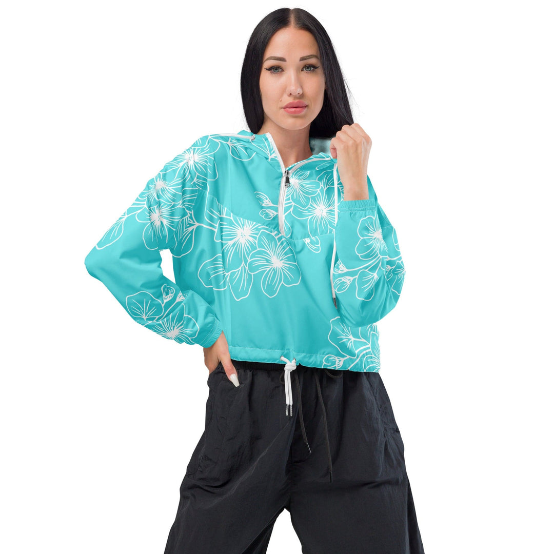 Womens Cropped Windbreaker Jacket Floral Cyan Blue 7022523