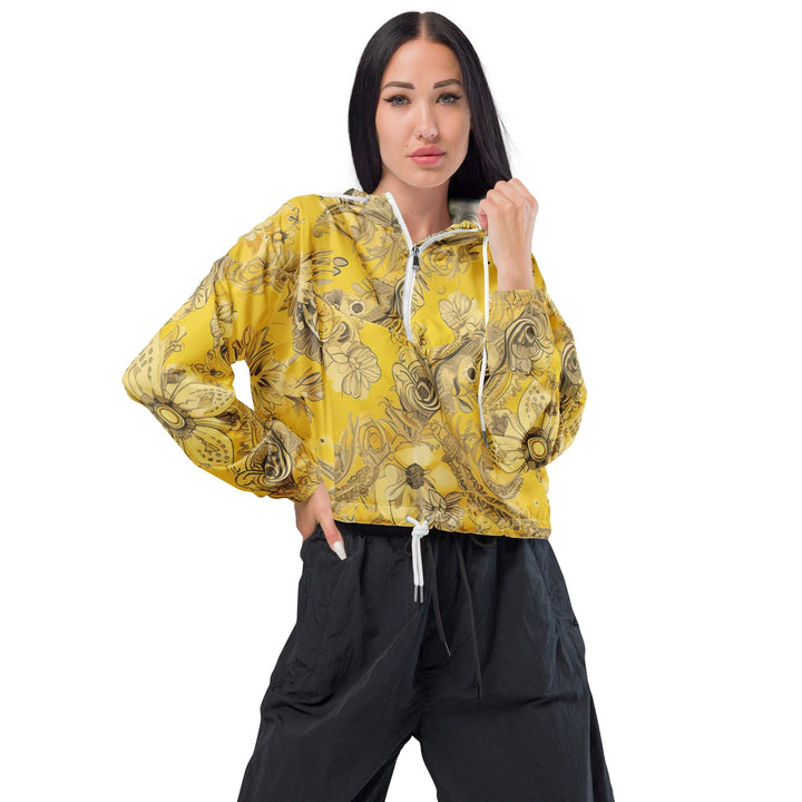 Womens Cropped Windbreaker Jacket Floral Yellow Bandanna Print