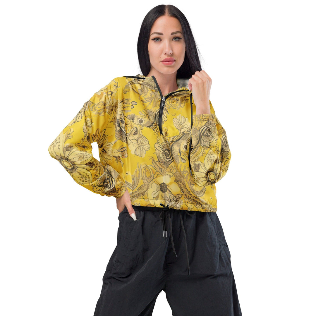 Womens Cropped Windbreaker Jacket Floral Yellow Bandanna Print