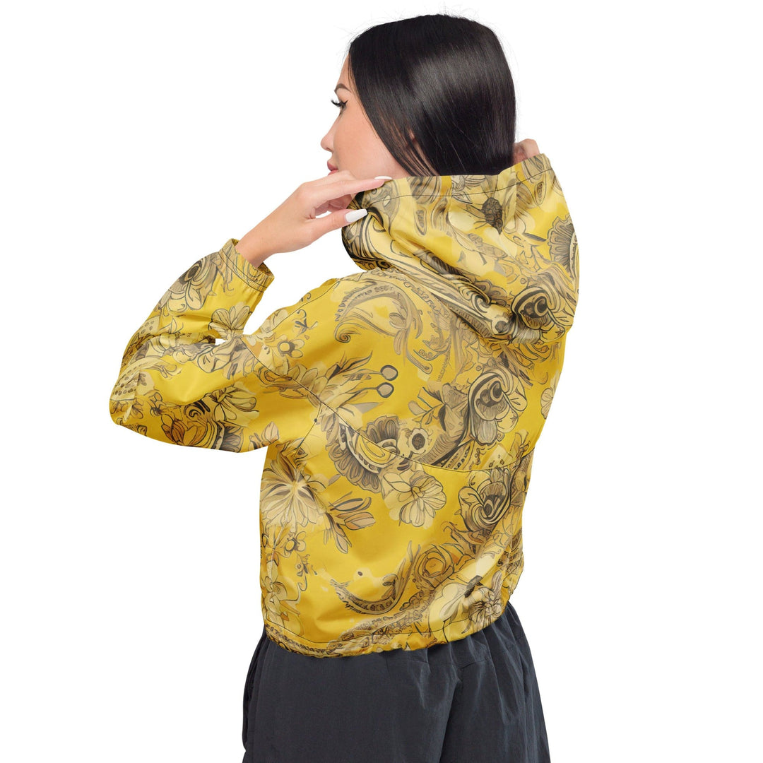 Womens Cropped Windbreaker Jacket Floral Yellow Bandanna Print