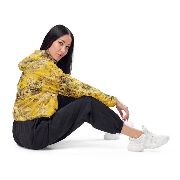 Womens Cropped Windbreaker Jacket Floral Yellow Bandanna Print