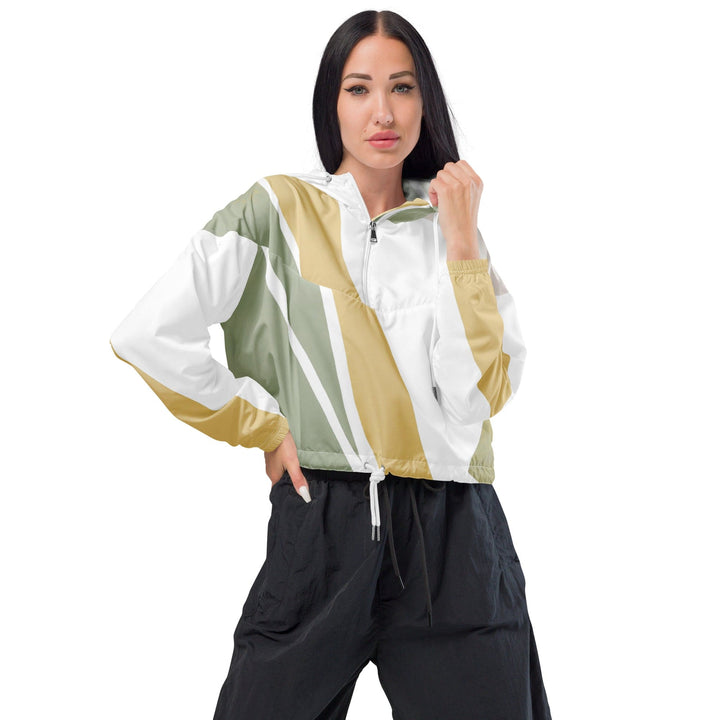 Womens Cropped Windbreaker Jacket - Green Abstract Geometric Pattern