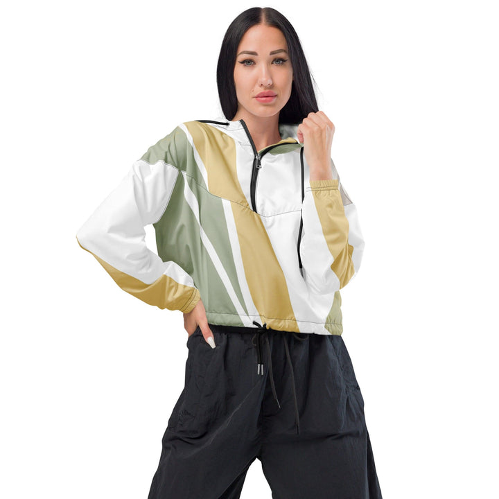 Womens Cropped Windbreaker Jacket - Green Abstract Geometric Pattern