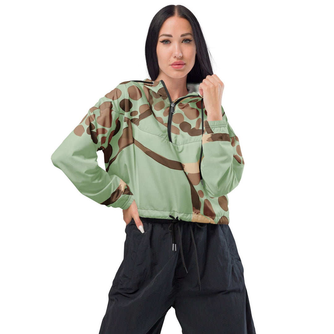 Womens Cropped Windbreaker Jacket Green Beige Spotted Print