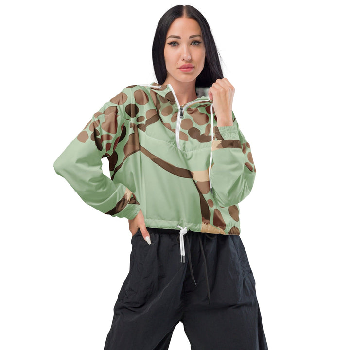 Womens Cropped Windbreaker Jacket Green Beige Spotted Print