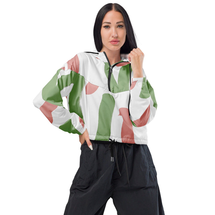 Womens Cropped Windbreaker Jacket - Green Mauve Abstract Brush Stroke