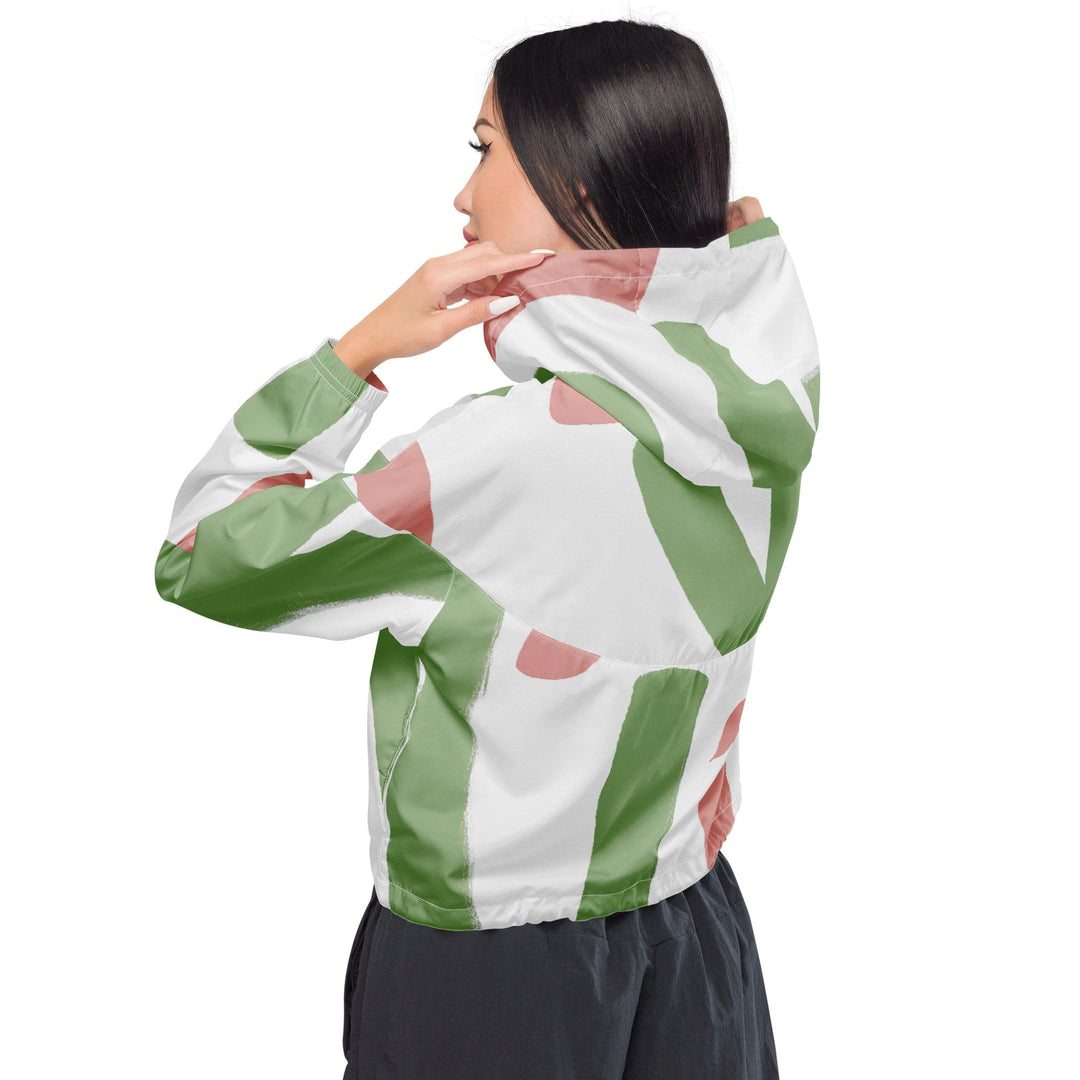 Womens Cropped Windbreaker Jacket - Green Mauve Abstract Brush Stroke