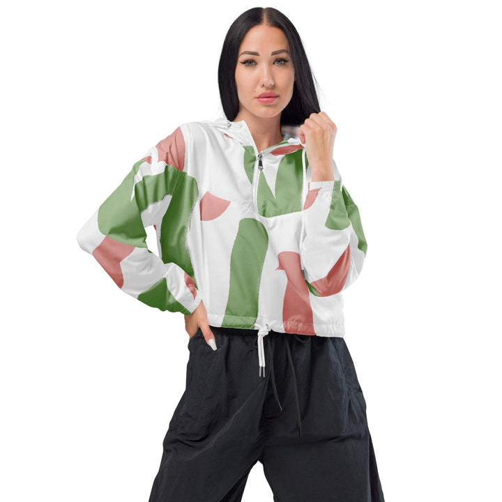 Womens Cropped Windbreaker Jacket - Green Mauve Abstract Brush Stroke