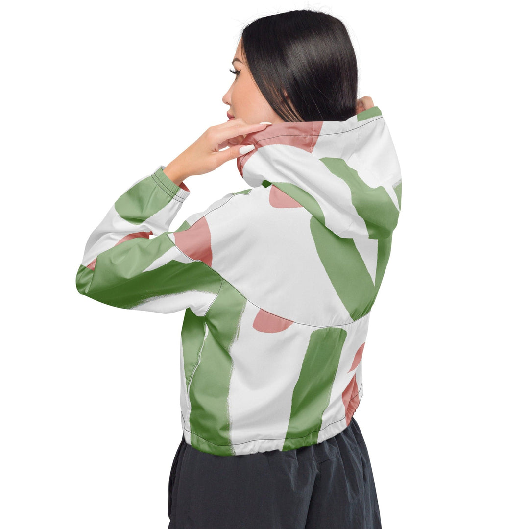 Womens Cropped Windbreaker Jacket - Green Mauve Abstract Brush Stroke
