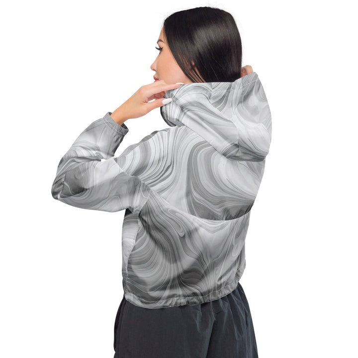 Womens Cropped Windbreaker Jacket Grey White Boho Marble Print