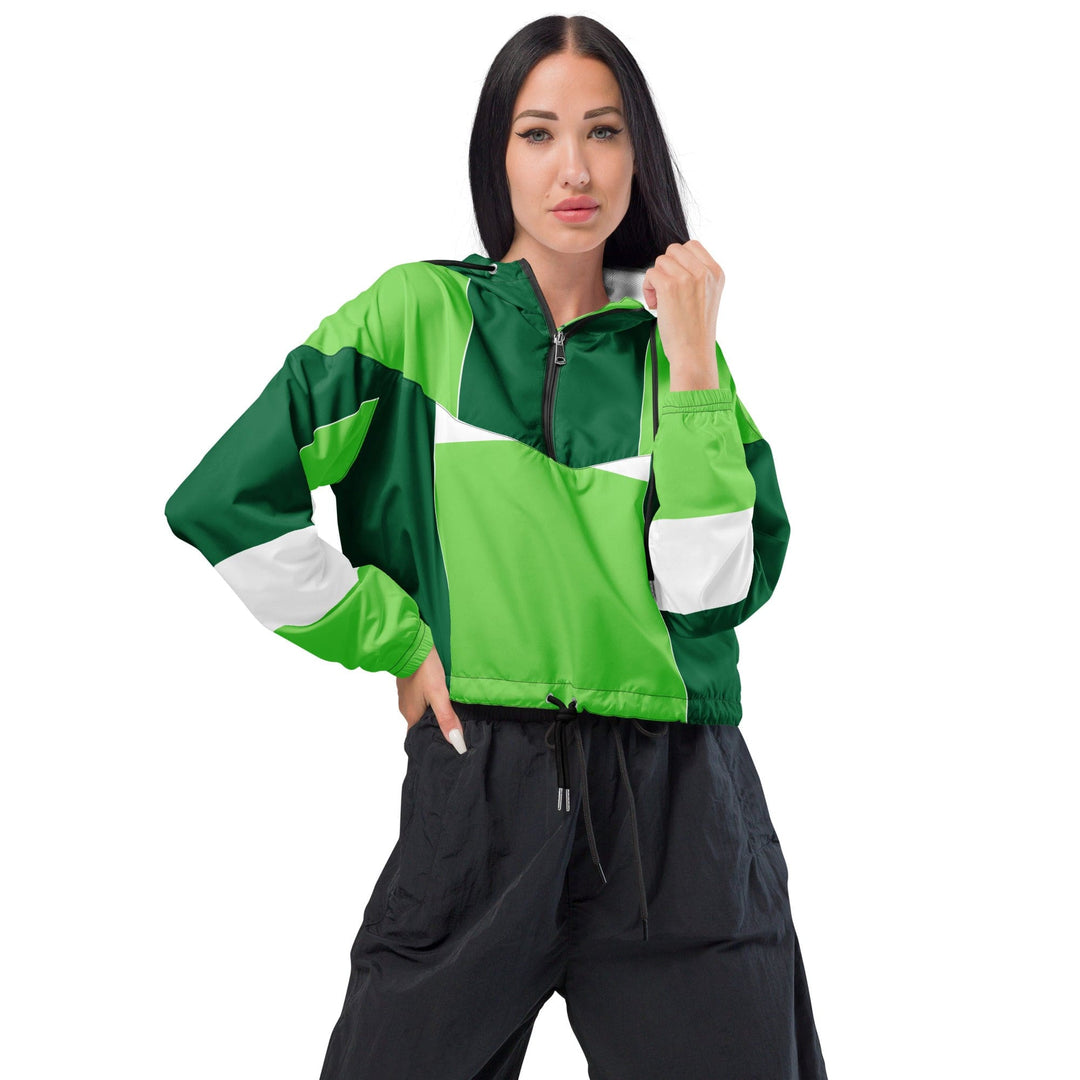 Womens Cropped Windbreaker Jacket Green White Colorblock Grid Lines