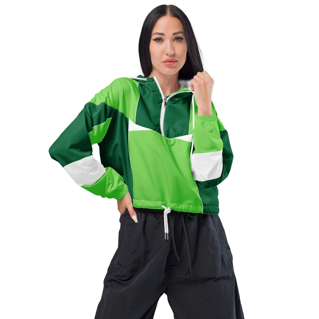 Womens Cropped Windbreaker Jacket Green White Colorblock Grid Lines