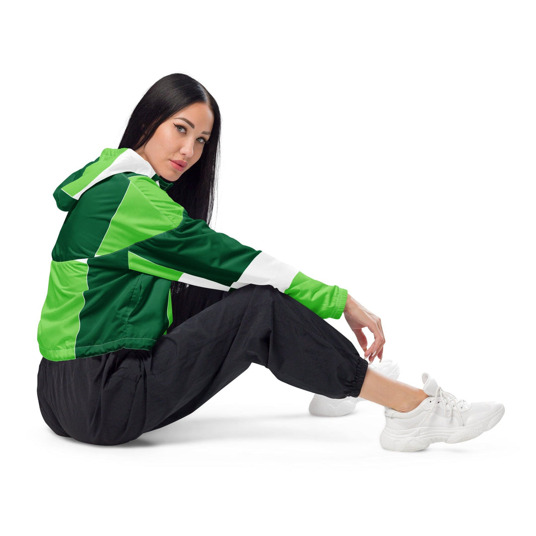 Womens Cropped Windbreaker Jacket Green White Colorblock Grid Lines