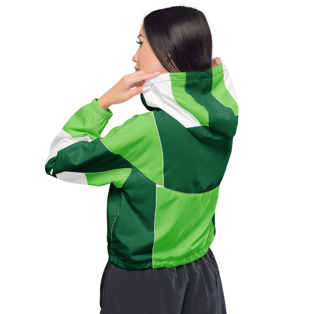 Womens Cropped Windbreaker Jacket Green White Colorblock Grid Lines