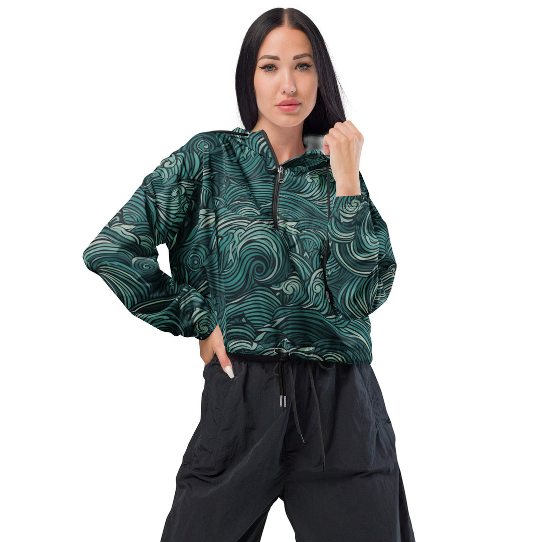 Womens Cropped Windbreaker Jacket - Mint Green Water Wave Print