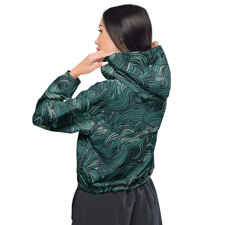 Womens Cropped Windbreaker Jacket - Mint Green Water Wave Print