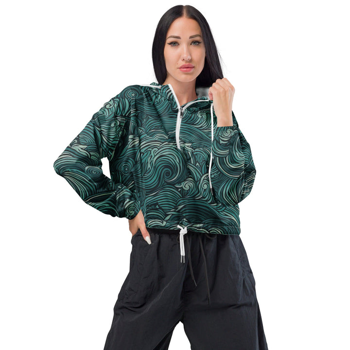 Womens Cropped Windbreaker Jacket - Mint Green Water Wave Print