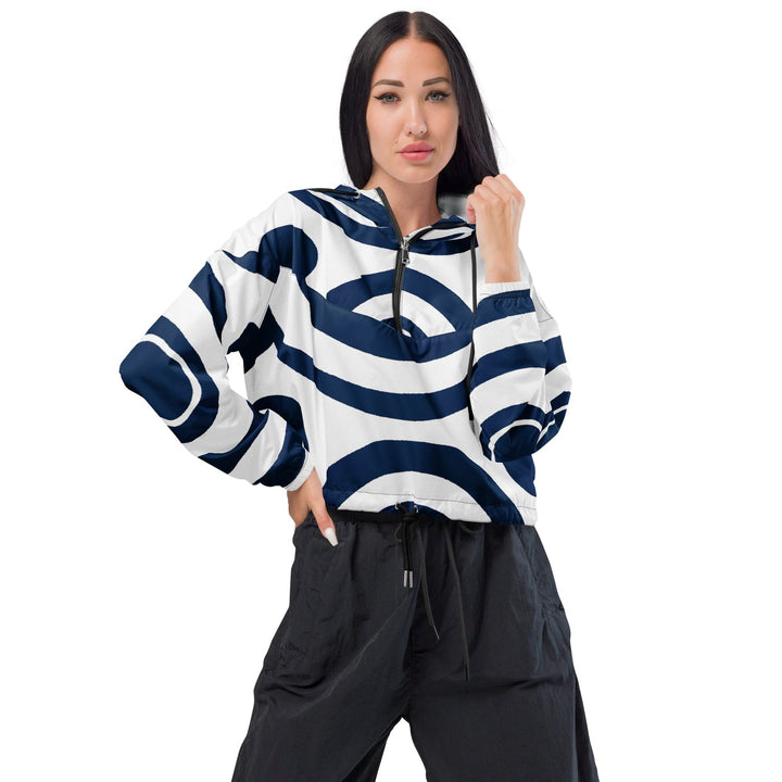 Womens Cropped Windbreaker Jacket Navy Blue and White Circular