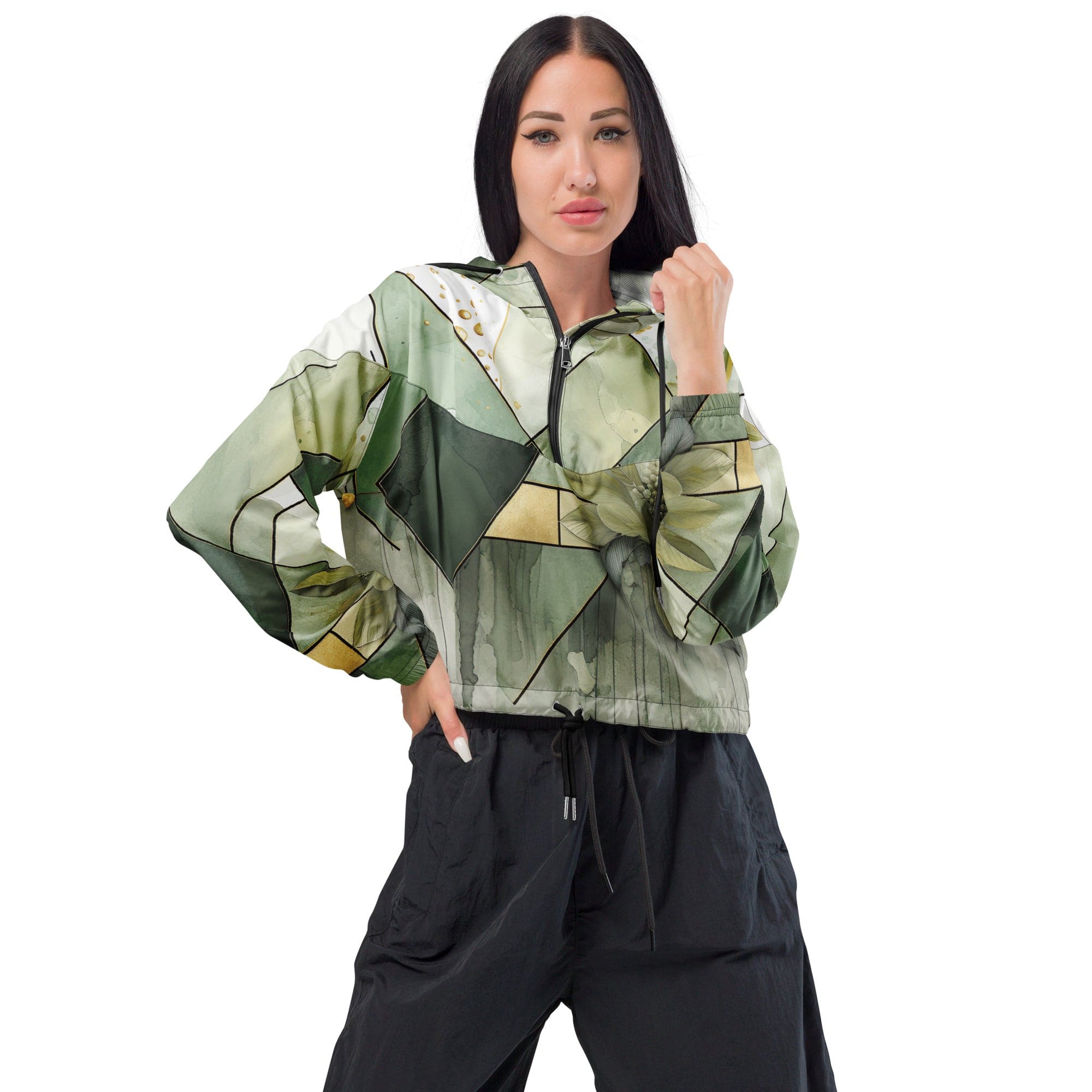 Womens Cropped Windbreaker Jacket - Olive Green Mint Leaf Geometric ...