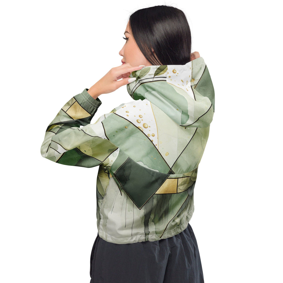 Womens Cropped Windbreaker Jacket - Olive Green Mint Leaf Geometric