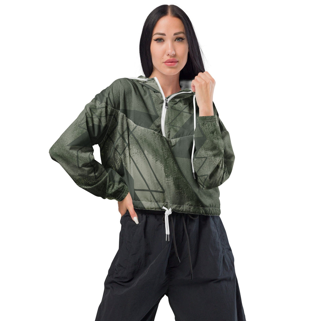 Womens Cropped Windbreaker Jacket Olive Green Triangular Colorblock