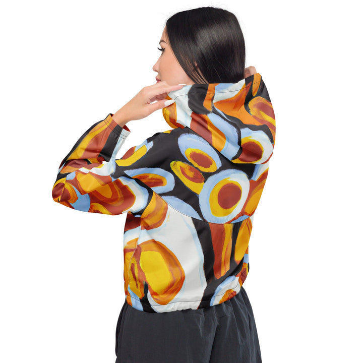 Womens Cropped Windbreaker Jacket Orange Black White Geometric Print