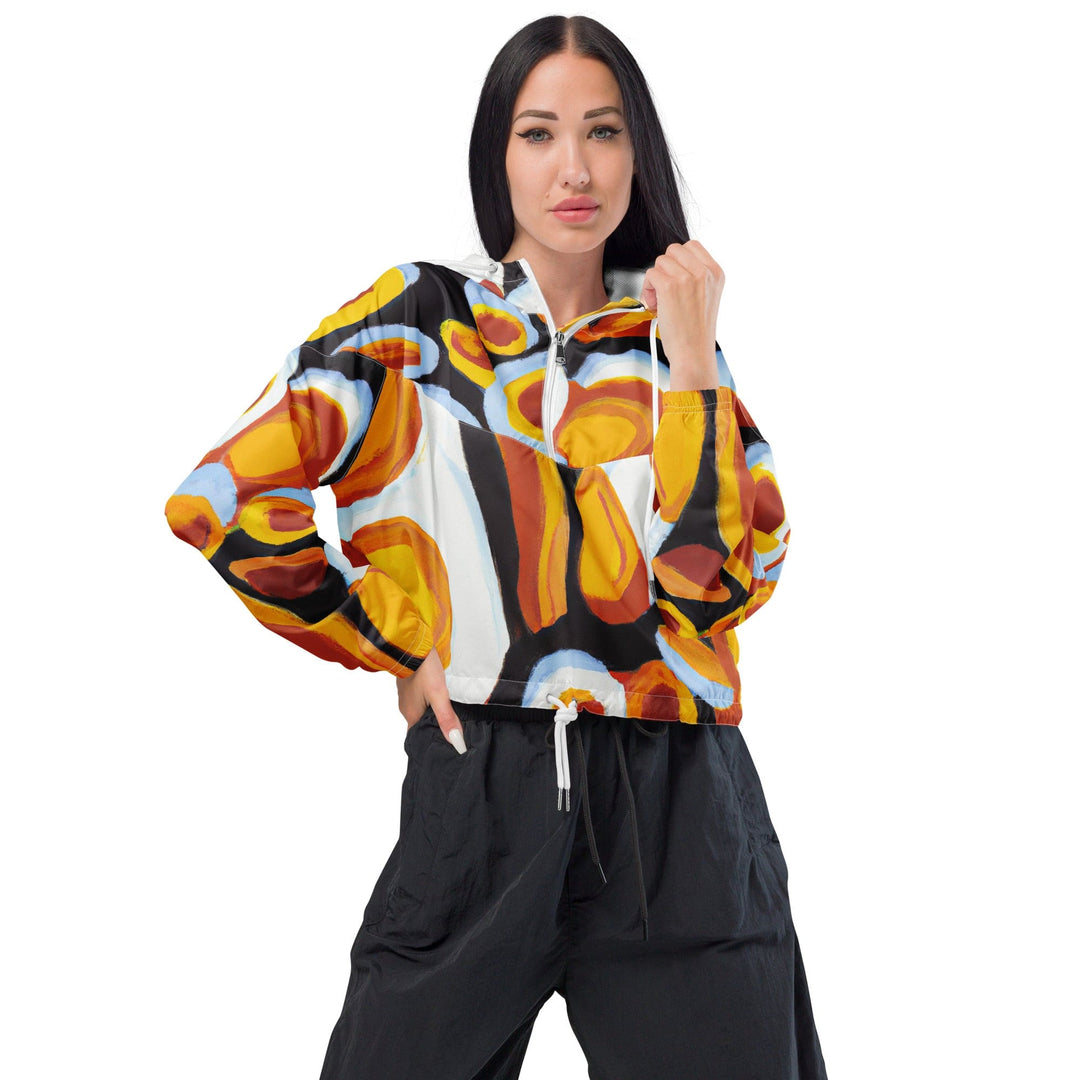 Womens Cropped Windbreaker Jacket Orange Black White Geometric Print