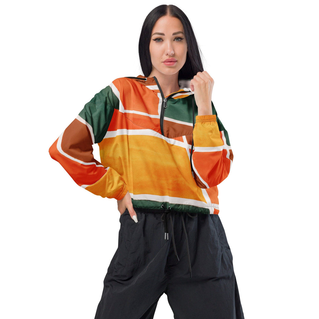 Womens Cropped Windbreaker Jacket Orange Green Boho Pattern