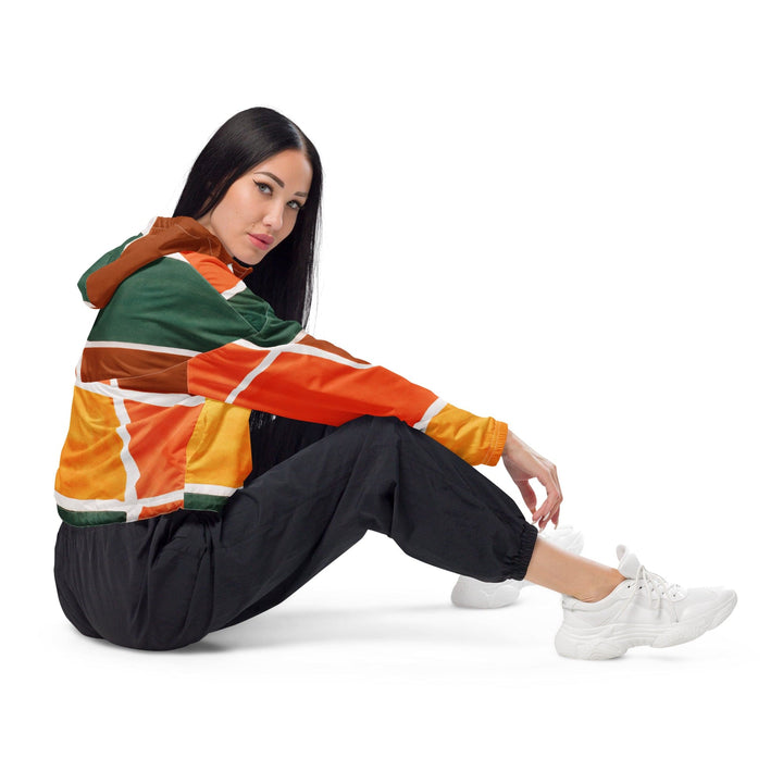 Womens Cropped Windbreaker Jacket Orange Green Boho Pattern