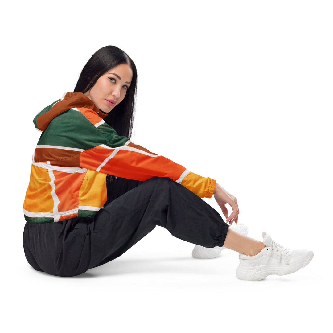 Womens Cropped Windbreaker Jacket Orange Green Boho Pattern