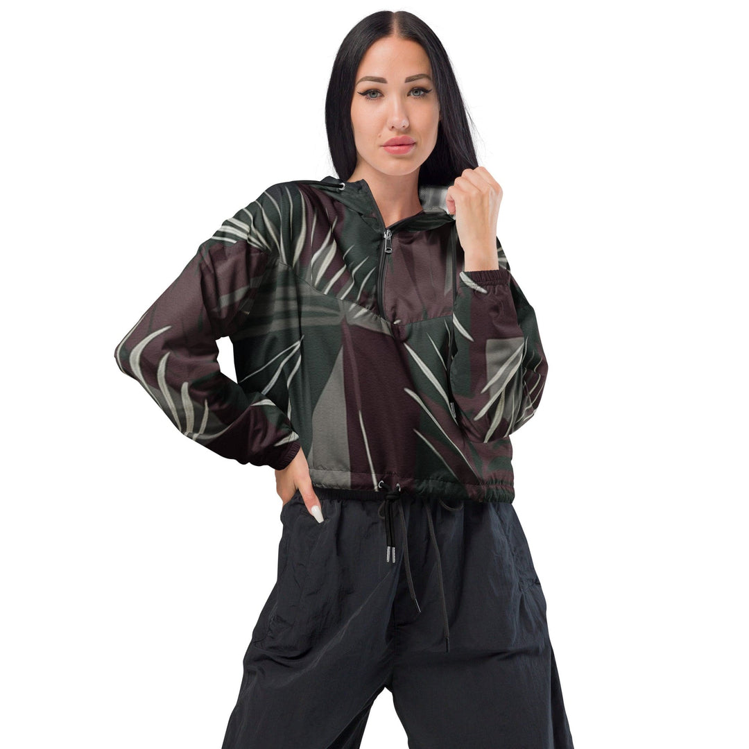 Womens Cropped Windbreaker Jacket - Palm Tree Leaves Maroon Green