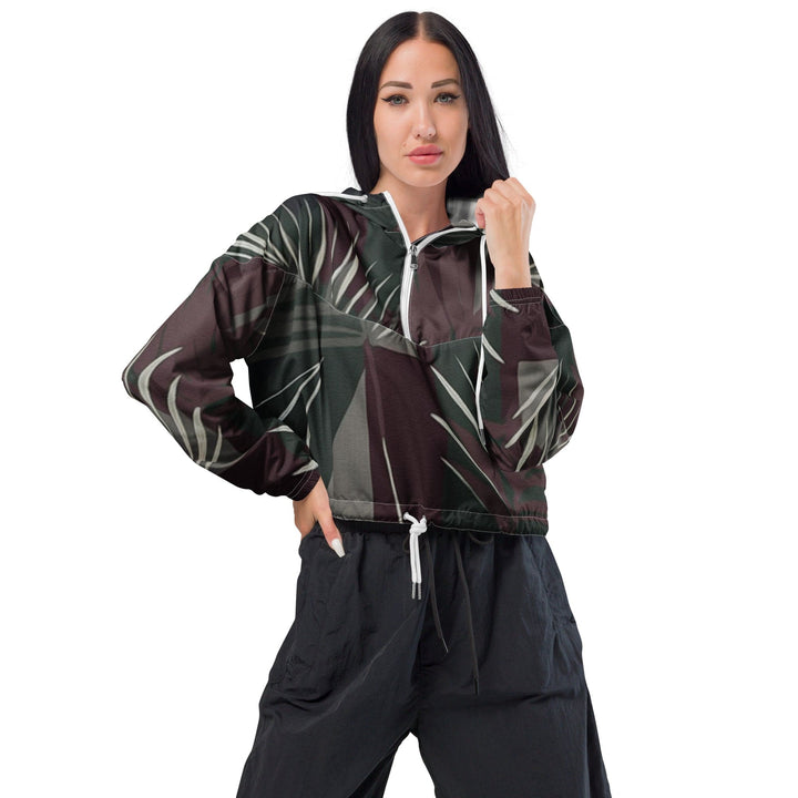 Womens Cropped Windbreaker Jacket - Palm Tree Leaves Maroon Green