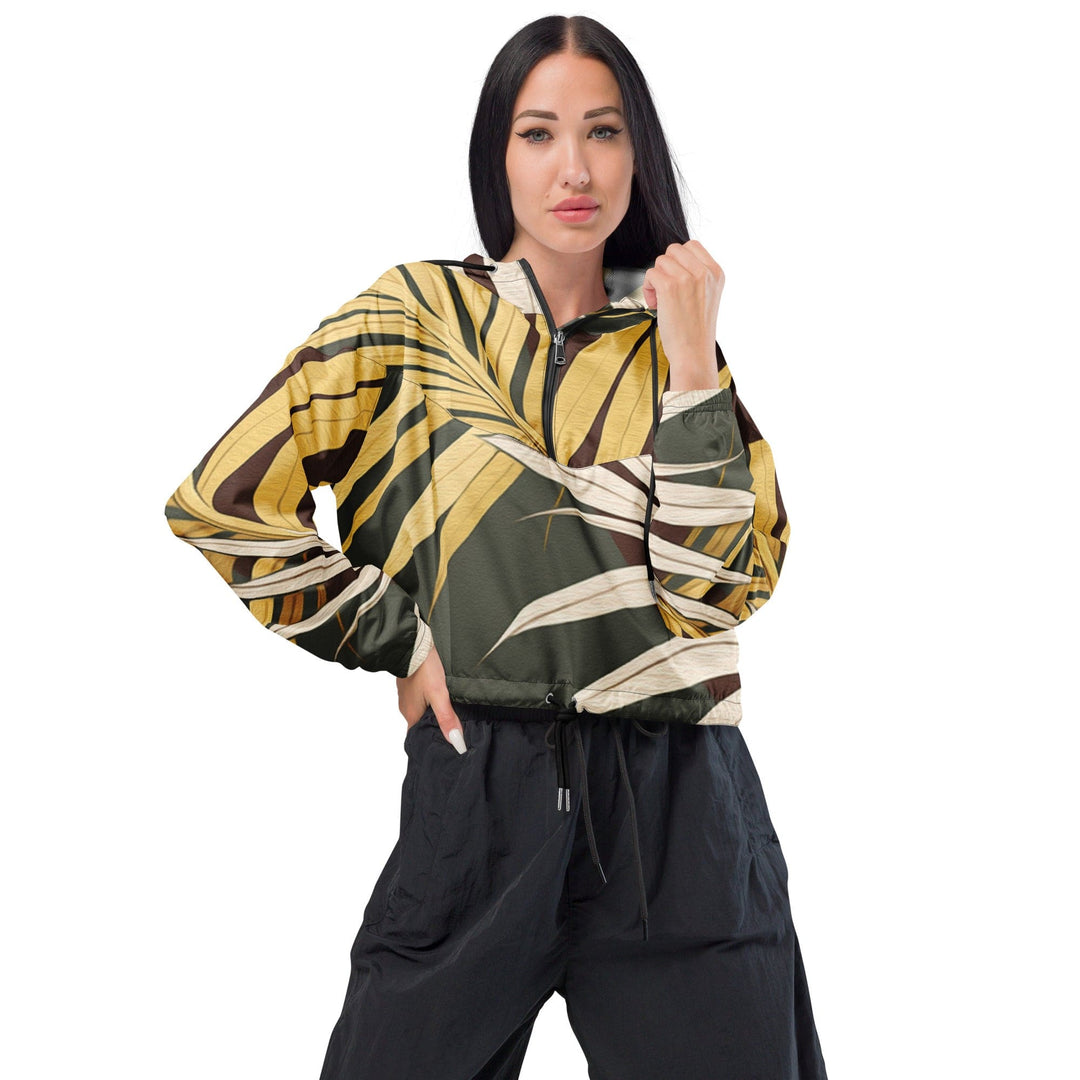 Womens Cropped Windbreaker Jacket Palm Tree Leaves Pattern