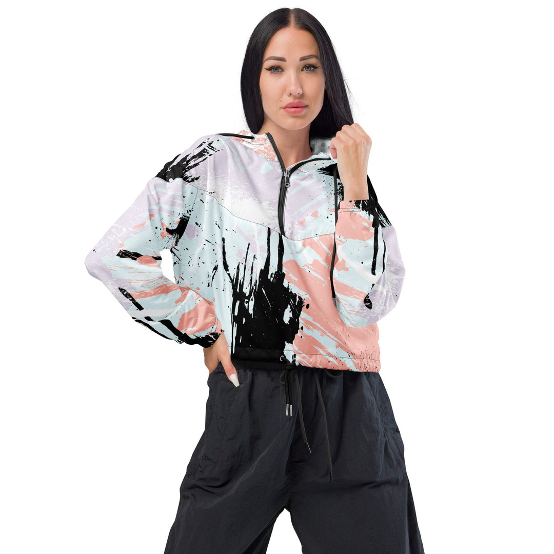 Womens Cropped Windbreaker Jacket Pink Black Abstract Print