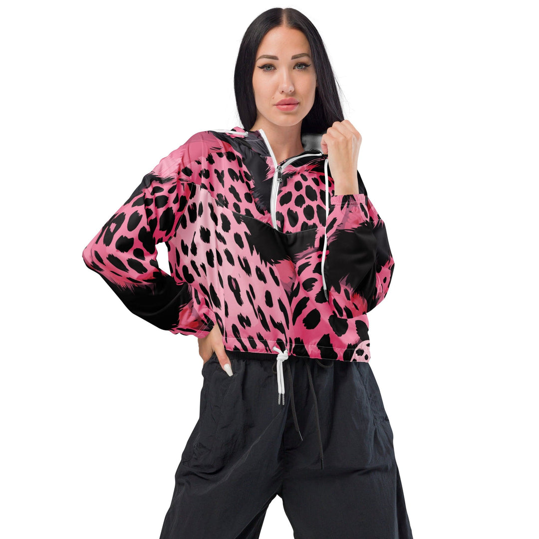 Womens Cropped Windbreaker Jacket Pink Black Spotted Print