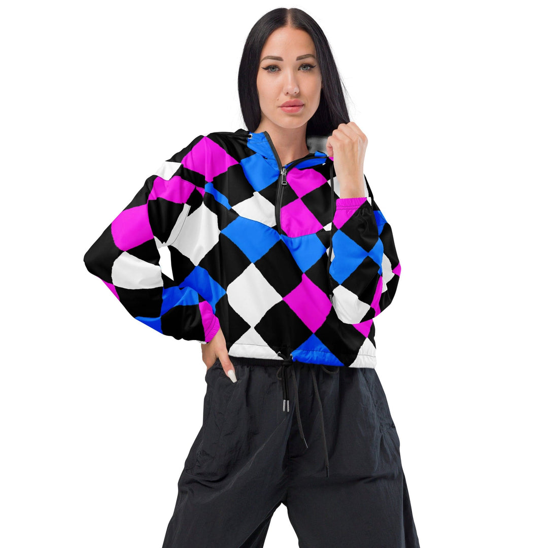 Womens Cropped Windbreaker Jacket Pink Blue Checkered Pattern