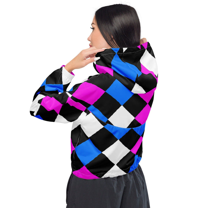 Womens Cropped Windbreaker Jacket Pink Blue Checkered Pattern